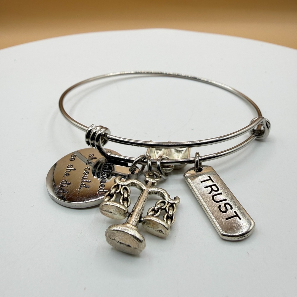 Silver Tone Inspirational Trust Scales of Justice Charm Bangle Bracelet Gift